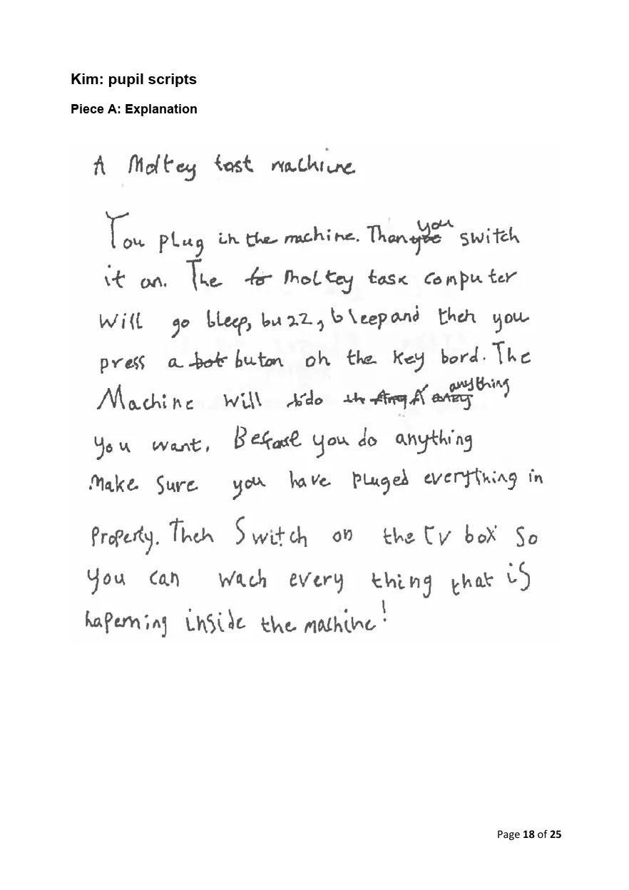 STA Year 2 Kim pupil script, Piece A explanation, used as Expected Standard exemplification