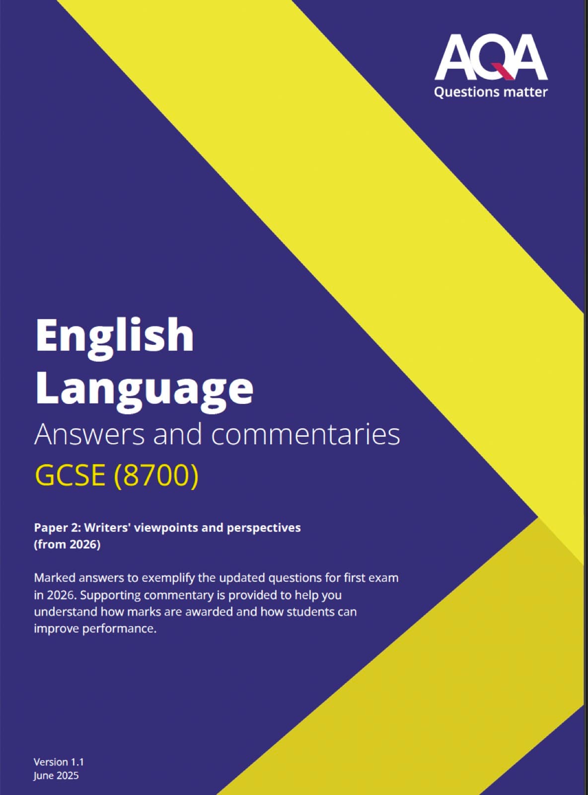 Cover of AQA GCSE English Language 8700 Paper 2 Answers and commentaries, from 2026