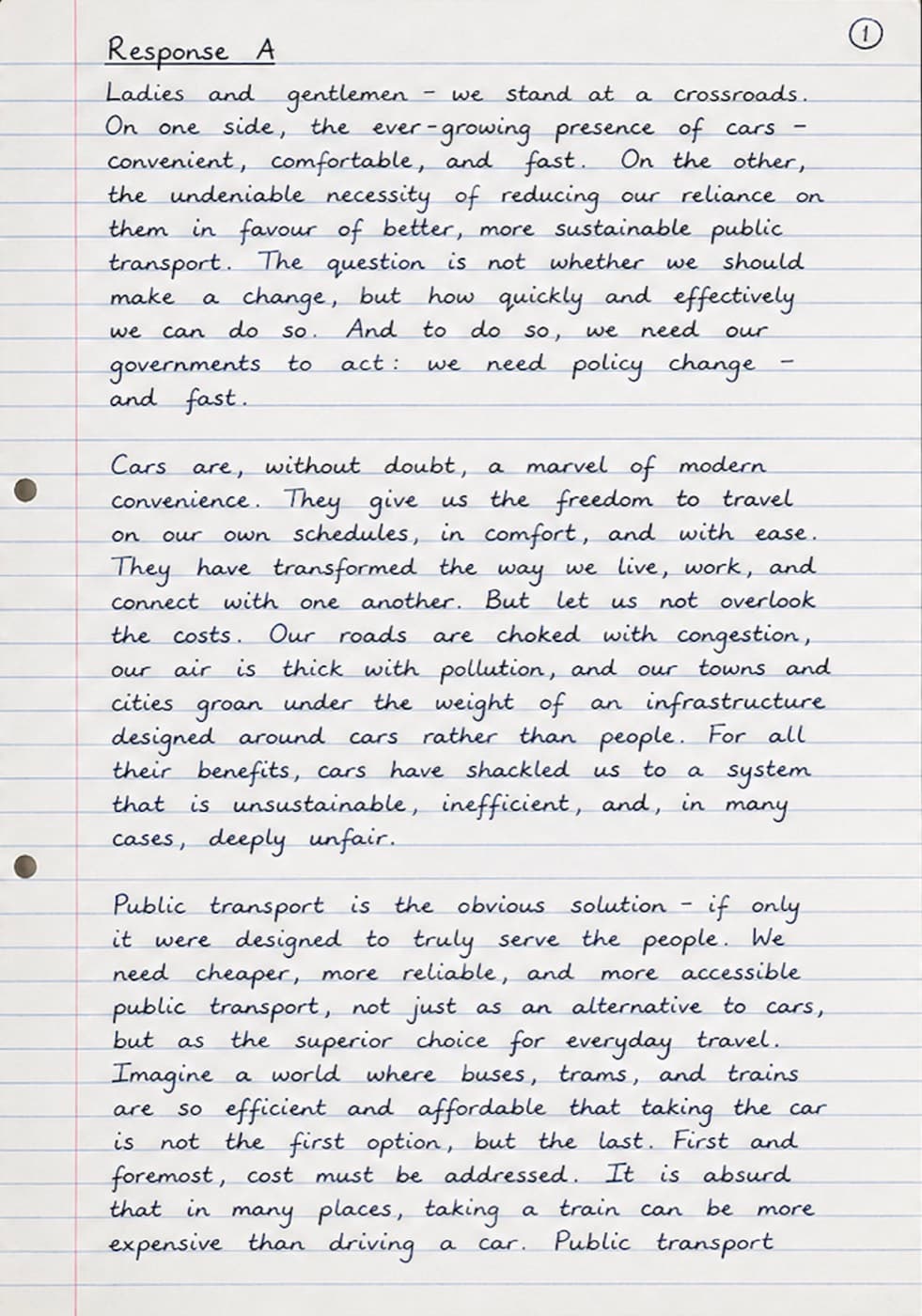Handwritten AQA Paper 2 Question 5 Response A, published as a Level 4 speech on cars and public transport